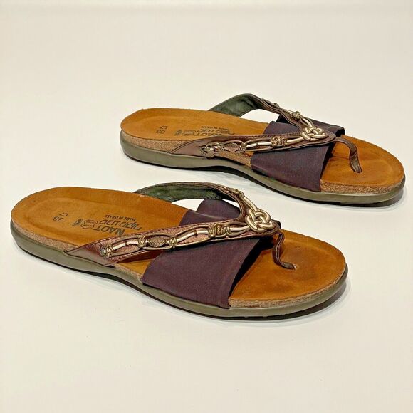 Naot Made in Israel Jennifer Flip Flop Sandal Brown Leather Women Size 7 (38EU) - Picture 1 of 10